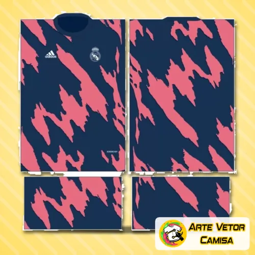 Imagem da camisa Real Madrid com logo no peito e estampa grande nas costas em cores vibrantes e design moderno, perfeito para torcedores que querem destacar sua paixão pelo time.