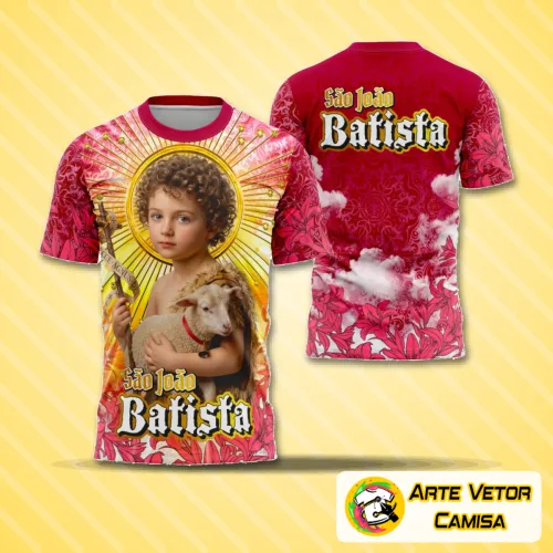 Foto da camisa com logo no peito e estampa grande nas costas, destacando um design religioso em homenagem a São João Batista, com detalhes vibrantes e estilo marcante.