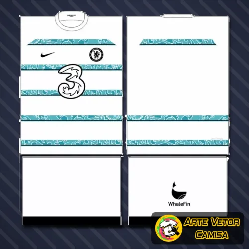 Foto da camisa Chelsea com logo no peito e estampa grande nas costas, apresentando um design moderno e estilo marcante para os fãs do time.