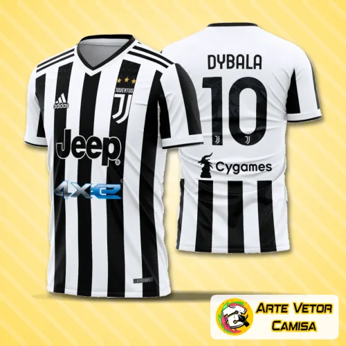 Camisa Juventus branca e preta com logo no peito e estampa grande nas costas, apresentando design listrado moderno e cores vibrantes que destacam o estilo inconfundível do time italiano na temporada 2021-22.