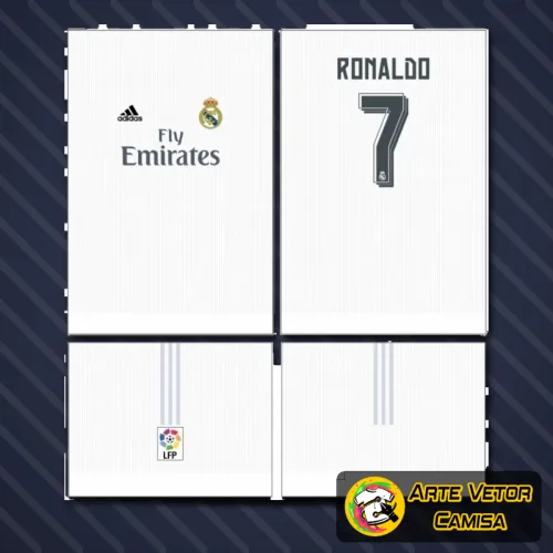 Camisa do Real Madrid com logo no peito e estampa grande nas costas exibindo detalhes sofisticados e design impactante, perfeita para fãs do time com estilo autêntico e moderno.