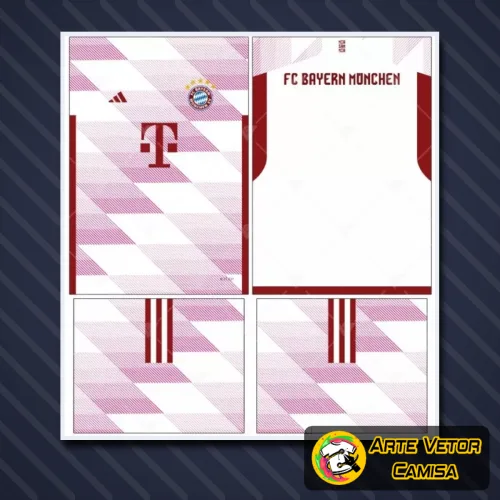 Foto da camisa Bayern München com logo no peito e estampa grande nas costas, apresentando design moderno e cores vibrantes em harmonia com o conceito 2024 do time.