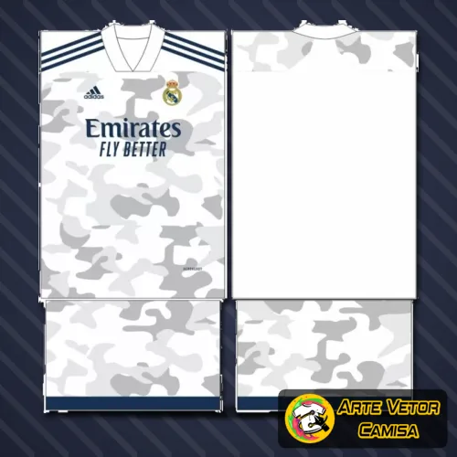 Foto de camisa do Real Madrid com logo no peito e estampa grande nas costas, com design moderno e acabamento detalhado, ideal para fãs do clube que buscam estilo e autenticidade.