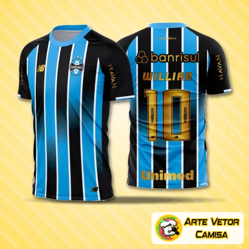 Imagem da camisa do Grêmio com logo no peito e estampa grande nas costas, exibindo design moderno e detalhes clássicos do time para a temporada 2026-27, em tons tradicionais do clube.