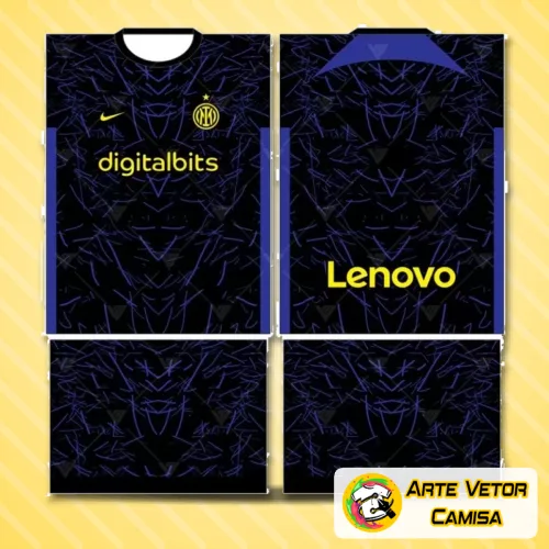 Camisa azul e preta com listras verticais, logo no peito em destaque e estampa grande nas costas trazendo a identidade do Inter de Milão 2024.