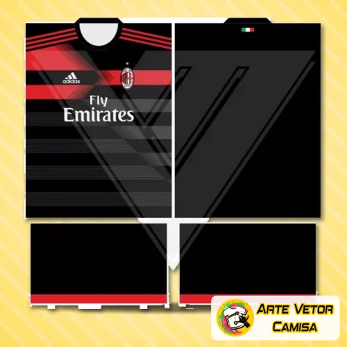 Foto da camisa preta com detalhes em vermelho e dourado, com logo no peito e estampa grande nas costas destacando o design exclusivo do AC Milan edição 2024.