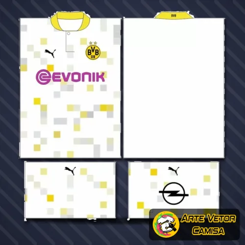 Camisa com logo no peito em destaque e estampa grande nas costas mostrando o design exclusivo do Borussia Dortmund, combinando amarelo vibrante e preto com um estilo moderno e esportivo.