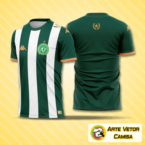 Camisa verde da Chapecoense 2026 com logo no peito e estampa grande nas costas em destaque, mostrando detalhes vibrantes e design moderno.