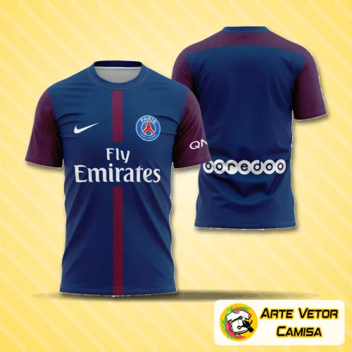 Camisa do PSG 2017-18 com logo no peito e estampa grande nas costas exibindo locais icônicos da cidade, em design detalhado e moderno, perfeita para quem ama futebol e estilo autêntico