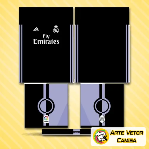Foto da camisa final do Real Madrid com logo no peito e estampa grande nas costas, destacando o design moderno e as cores tradicionais que remetem à paixão pelo time.