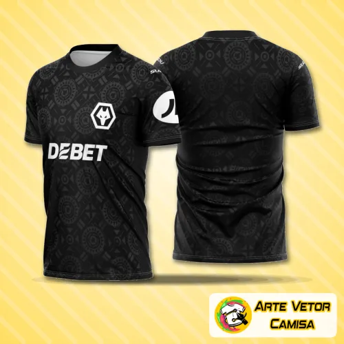 Imagem da camisa do goleiro do Wolverhampton com logo no peito e estampa grande nas costas, destacando cores vibrantes e design moderno para a temporada 2025-2026.