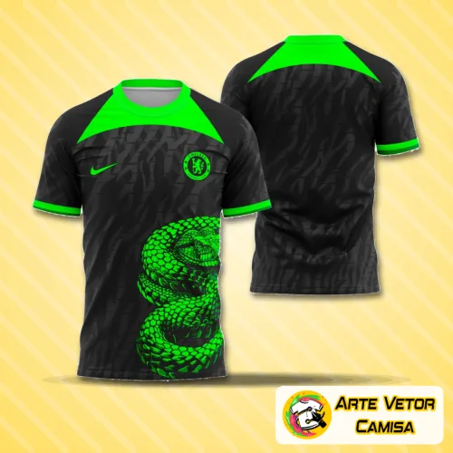 Camisa com logo no peito destacado e estampa grande nas costas, traz design vibrante e moderno inspirado no Chelsea 2024, ideal para quem busca estilo autêntico e personalidade marcante.