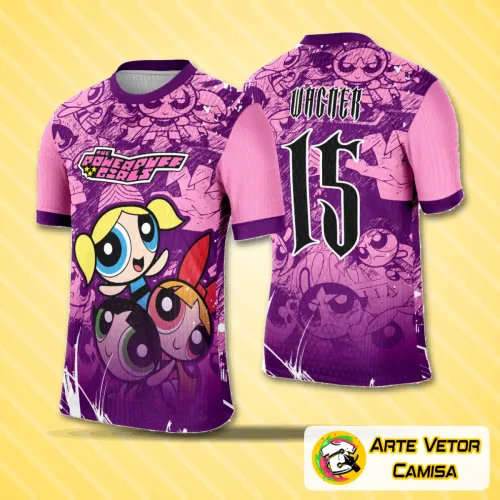 Foto da camisa com logo no peito e estampa grande nas costas que destaca As Meninas Poderosas com cores vibrantes e design estilizado, perfeito para eventos escolares e momentos comemorativos.