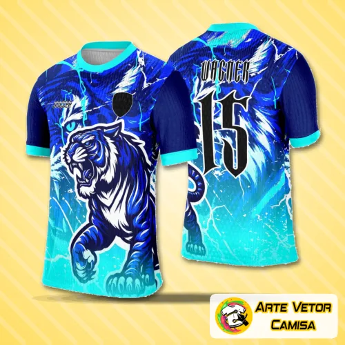 Camisa final com logo no peito em destaque e estampa grande nas costas com desenho elegante de um tigre azul vibrante, combinando modernidade e estilo para eventos escolares e atividades em grupo.