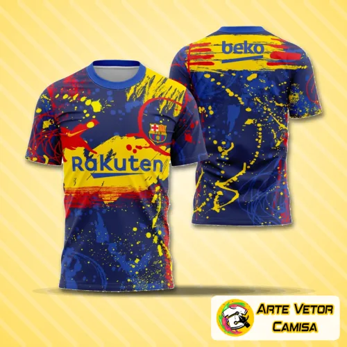 Camisa do Barcelona com logo no peito e estampa grande nas costas, exibindo design inspirado na greve pré-jogo da temporada 2019-2020, em cores vibrantes e estilo moderno.