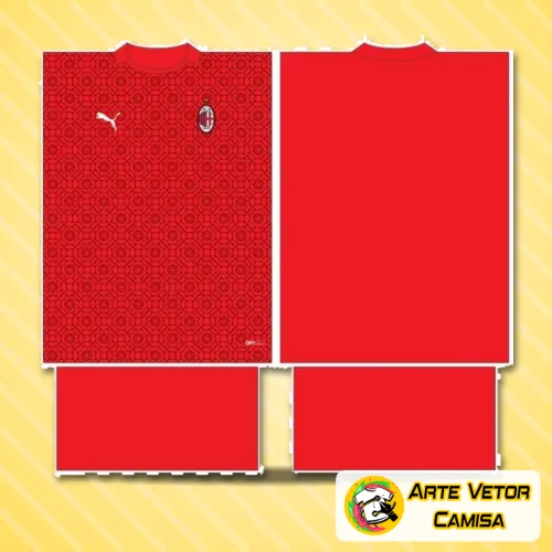 Imagem de uma camisa com logo no peito e estampa grande nas costas inspirada no AC Milan edição 2024, destacando cores vibrantes e design moderno.