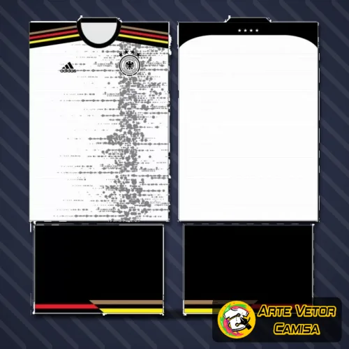 Camisa da Alemanha com destaque para o logo no peito e uma estampa grande nas costas, trazendo um visual imponente e cheio de identidade para os fãs do estilo futebolístico