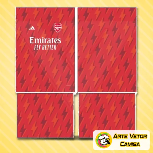Camisa com logo no peito e estampa grande nas costas representando o Arsenal, destacando design vibrante e detalhes marcantes em cores tradicionais do time