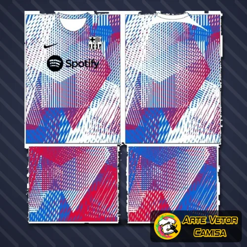 Camisa com logo no peito vibrante e estampa grande nas costas destacando o estilo do Barcelona em cores marcantes e design moderno.