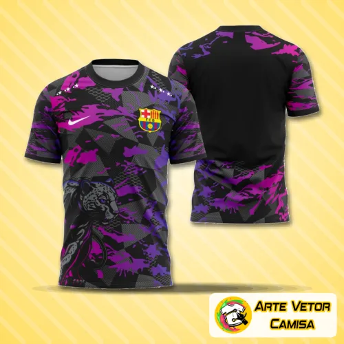 Foto da camisa final com logo no peito and estampa grande nas costas, apresentando um design moderno e vibrante que destaca um estilo único para o evento Barcelona Interclasse 2025.