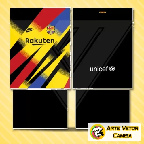 Imagem de uma camisa com logo no peito e estampa grande nas costas, exibindo design chamativo e detalhado inspirado no estilo Barcelona, com cores vibrantes e design moderno.