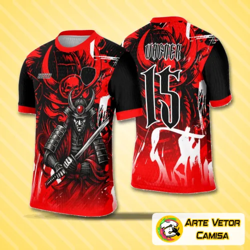 Camisa com logo vermelho destacado no peito e estampa grande nas costas mostrando desenho de samurai vibrante e cheio de detalhes em vermelho, perfeita para eventos interclasse com visual impactante e moderno.