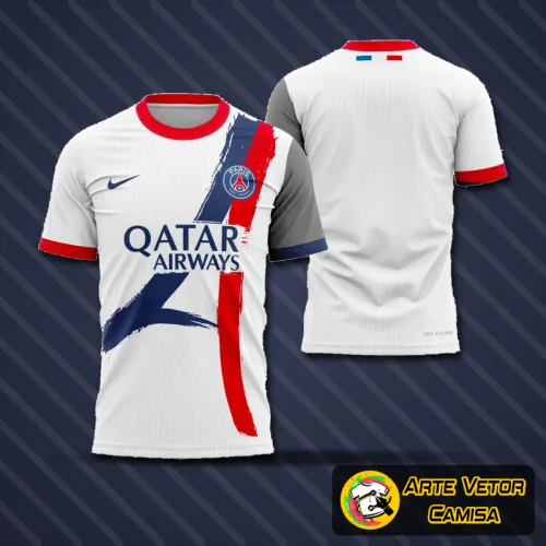 Camisa com logo no peito do PSG e estampa grande nas costas em design moderno e vibrante, destacando os detalhes exclusivos da temporada 2024-2025, perfeita para fãs do clube.