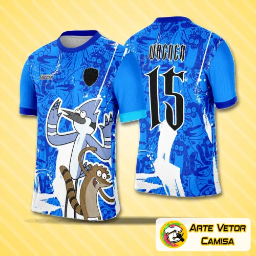Camisa com logo no peito e estampa grande nas costas inspirada no Regular Show, ideal para eventos interclasse, apresentando cores vibrantes e design moderno que destaca a turma com estilo único.