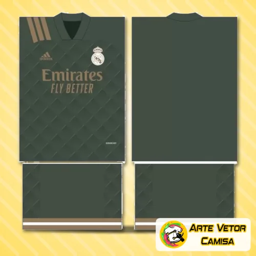 Foto da camisa do Real Madrid com logo no peito e estampa grande nas costas, mostrando detalhes vibrantes do uniforme oficial em cores branco e dourado.