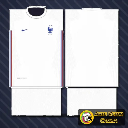 Camisa com logo no peito com as cores da França combinando com estampa grande nas costas destacando elementos tradicionais franceses, em design que destaca elegância e identidade nacional.