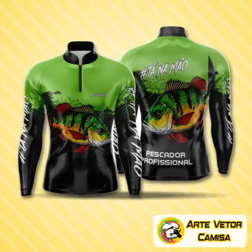 Camisa de pesca esportiva com logo no peito e estampa grande nas costas, exibindo estilo moderno e vibrante ideal para amantes da pesca em todos os ambientes.