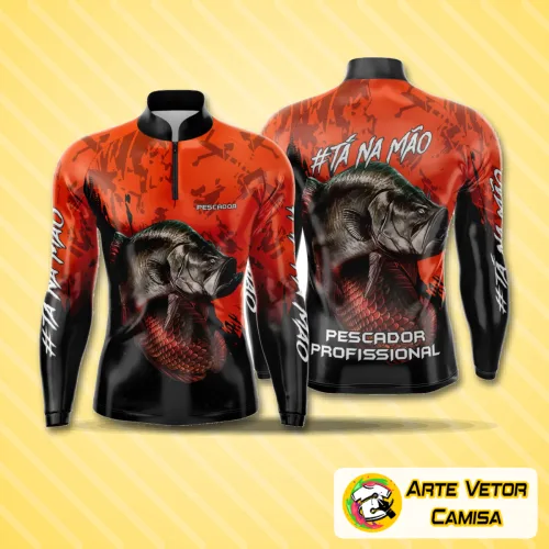 Camisa de pesca esportiva com logo no peito destacado e estampa grande nas costas mostrando design vibrante e moderno, perfeita para amantes da pesca que desejam estilo e conforto na hora da aventura.