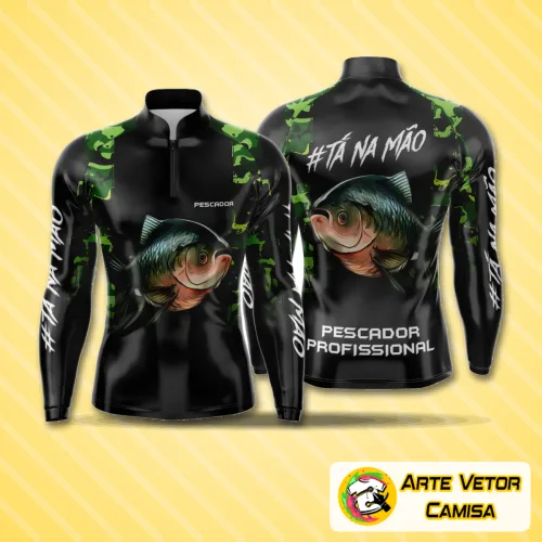 Camisa de pesca esportiva com logo no peito e estampa grande nas costas, ideal para pescadores que buscam estilo e conforto em suas aventuras ao ar livre.