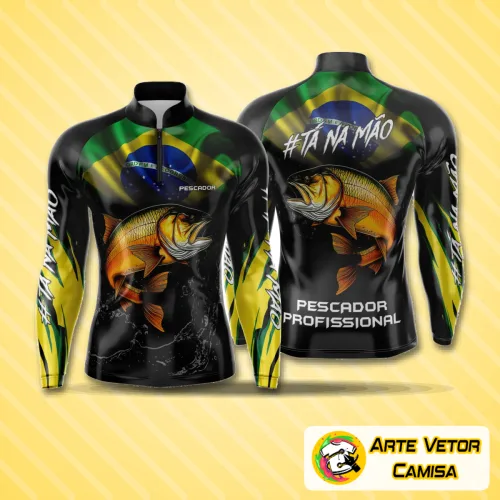 Camisa de pesca esportiva com logo no peito destacado e grande estampa nas costas, exibindo design moderno e cheio de estilo para amantes da pesca e aventuras ao ar livre.