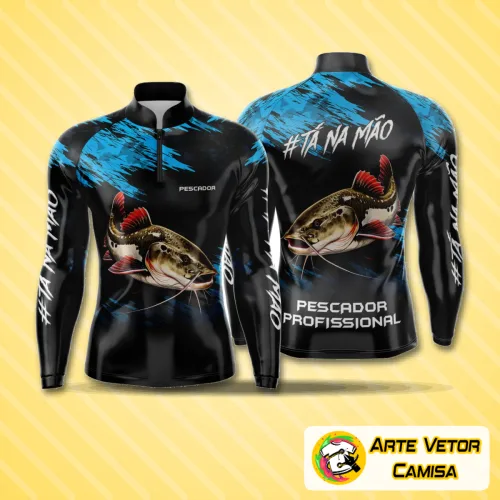 Camisa de pesca esportiva com logo no peito e estampa grande nas costas, criando um visual moderno e atraente para amantes da pesca.