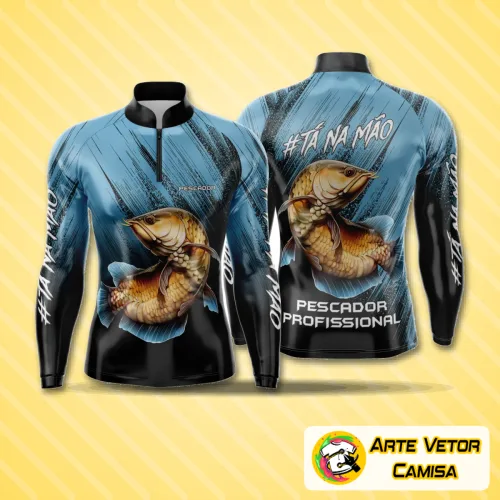 Camisa de pesca esportiva com logo no peito e uma estampa grande nas costas que exibe design vibrante e cheio de detalhes, ideal para momentos de lazer e aventura em alto estilo.