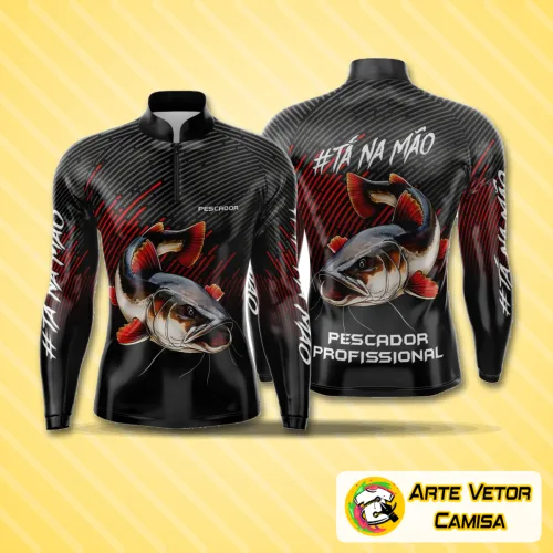 Camisa de pesca com logo no peito e estampa grande nas costas, apresentando estilo esportivo, cores vibrantes e design moderno, perfeita para amantes de pesca que buscam conforto e autenticidade.