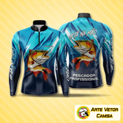 Camisa de pesca esportiva com logo no peito e estampa grande nas costas, apresentando design moderno e detalhado para amantes da pesca. A foto mostra detalhes vivos e cores vibrantes que valorizam o estilo esportivo.