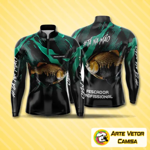 Camisa de pesca esportiva com logo no peito e estampa grande nas costas, exibindo cores vibrantes e design moderno, perfeita para quem busca estilo e conforto em atividades ao ar livre.