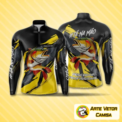 Camisa de pesca esportiva com logo no peito e estampa grande nas costas, apresentando design moderno e visual vibrante ideal para quem ama o esporte.