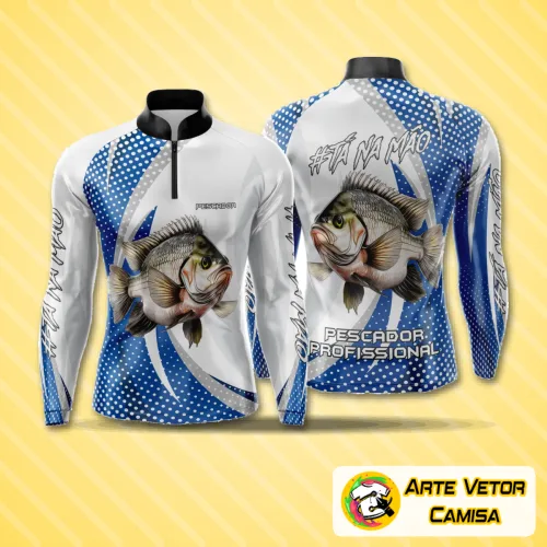 Camisa de pesca esportiva com logo no peito e estampa grande nas costas demonstrando estilo e identidade para amantes da pesca esportiva.