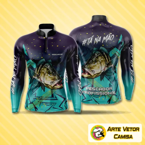 Camisa de pesca esportiva com logo no peito e estampa grande nas costas, perfeita para aventuras ao ar livre com design moderno e detalhes vibrantes que destacam o estilo do pescador.
