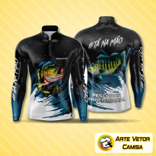 Camisa com logo no peito e estampa grande nas costas, apresentando design esportivo de pesca com cores vibrantes e detalhes que remetem ao universo da pescaria, ideal para quem busca estilo e conforto em seu visual.