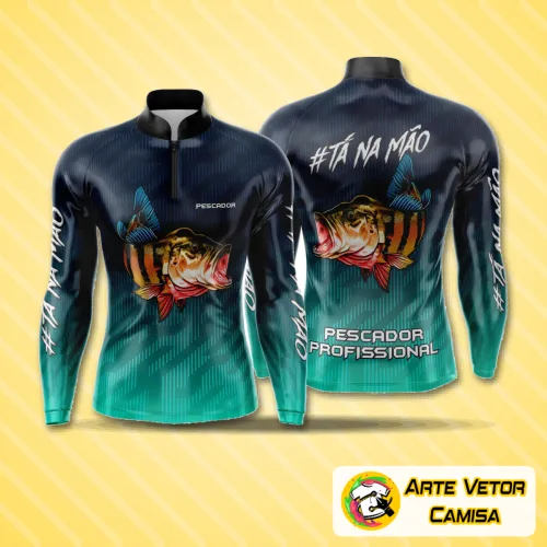 Camisa de pesca esportiva com logo no peito e estampa grande nas costas em design moderno e vibrante, ideal para momentos de lazer e aventura.
