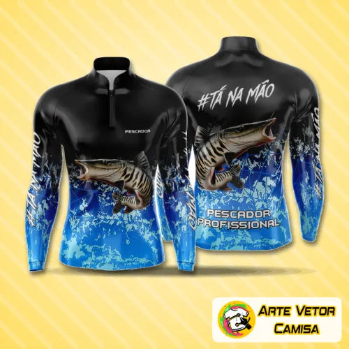 Camisa de pesca esportiva com logo no peito e estampa grande nas costas mostrando design moderno e cores vibrantes, ideal para quem busca estilo e conforto nas aventuras ao ar livre.