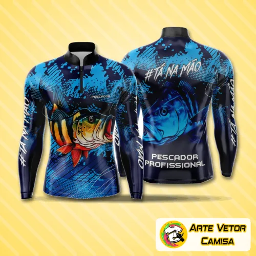 Camisa com logo no peito e estampa grande nas costas inspirada no universo da pesca esportiva, em estilo moderno e cores vibrantes, perfeita para quem ama atividades ao ar livre