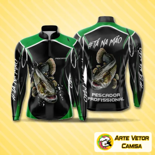 Camisa de pesca esportiva com logo no peito e uma estampa grande nas costas, exibindo cores vibrantes e design moderno, perfeita para quem busca estilo e funcionalidade durante a pescaria.