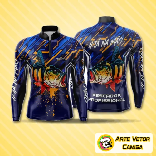 Camisa esportiva masculina com logo no peito e estampa grande nas costas exibindo um design vibrante e moderno para amantes da pesca esportiva em ambiente ao ar livre.