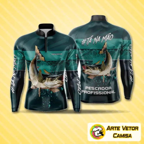 Camisa de pesca esportiva com logo no peito e estampa grande nas costas mostrando um design marcante que une estilo e funcionalidade para amantes da pescaria.
