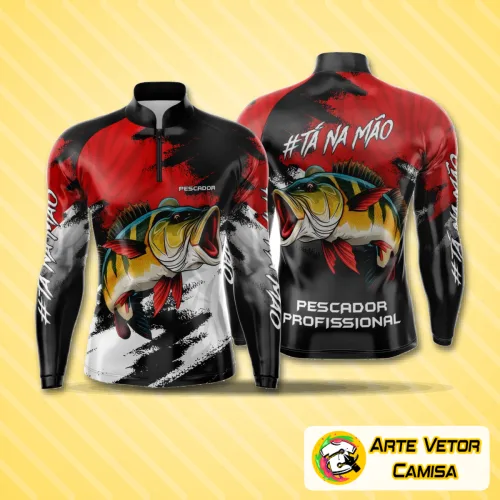 Camisa de pesca esportiva com logo no peito e estampa grande nas costas, exibindo design moderno e vibrante ideal para quem busca estilo e conforto na atividade ao ar livre.